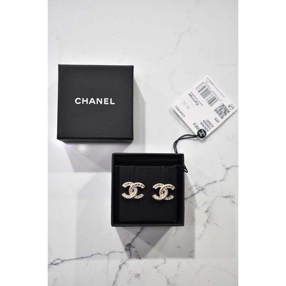Chanel REV Gold Transparent Crystal CC Logo Classic Statement Stud Drop Earrings - Picture 2 of 11